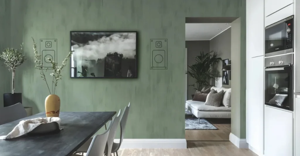 architectural in-wall speaker diagram showing acoustic placement in custom dining space