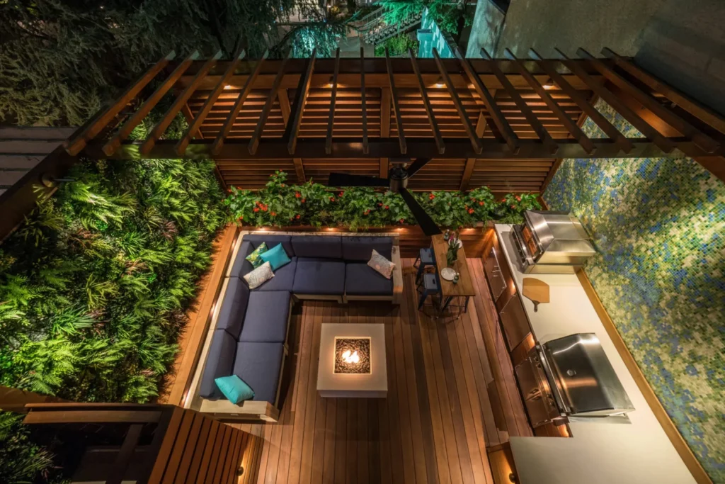 luxury outdoor patio living space equipped with weatherproof multi-zone outdoor audio speakers